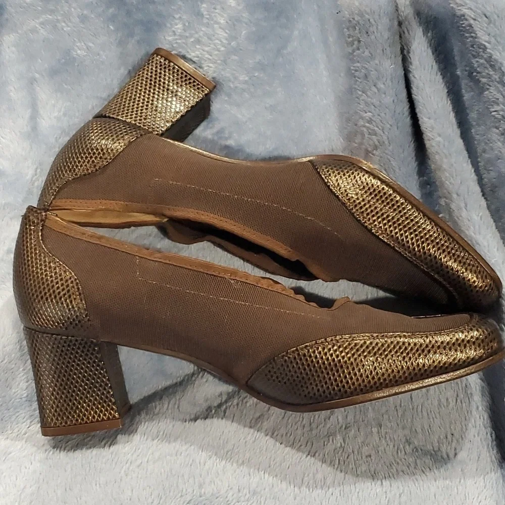 Prevata 2 inch chunky heel faux snakeskin chocolate brown shoes